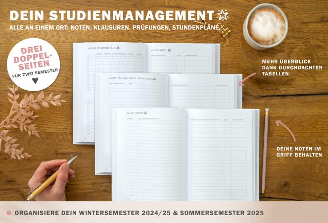 Stundenpläne Studienplaner für Studienjahr 2024 2025, Terminkalender Wintersemester & Sommersemester, eine Woche zwei Seiten, weiß schwarz beige